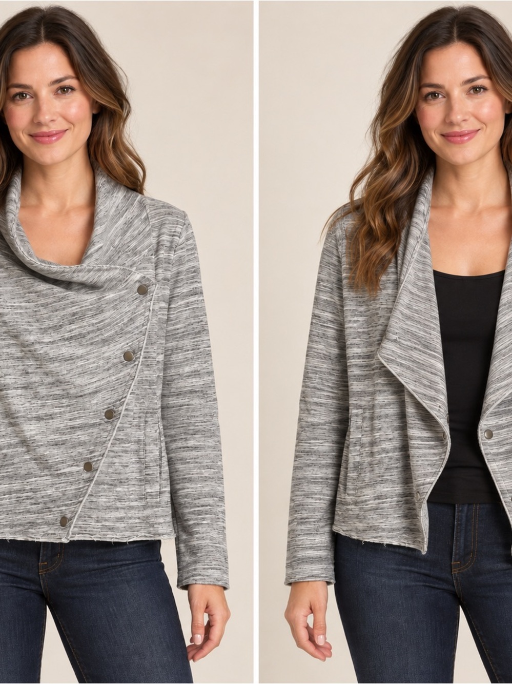 Mystree Gray Space-Dye Asymmetrical Button Cardigan Medium